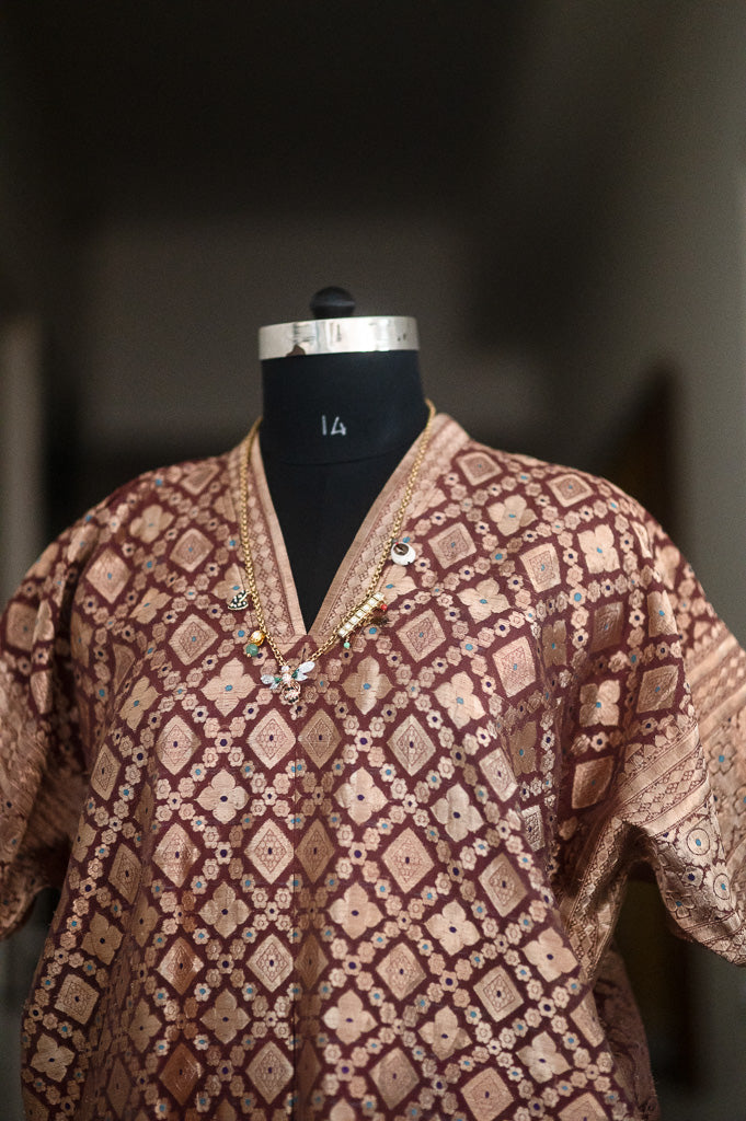 Arfa, Vintage Zari Kaftan Dress in Brown & Gold, Large - kinchecom
