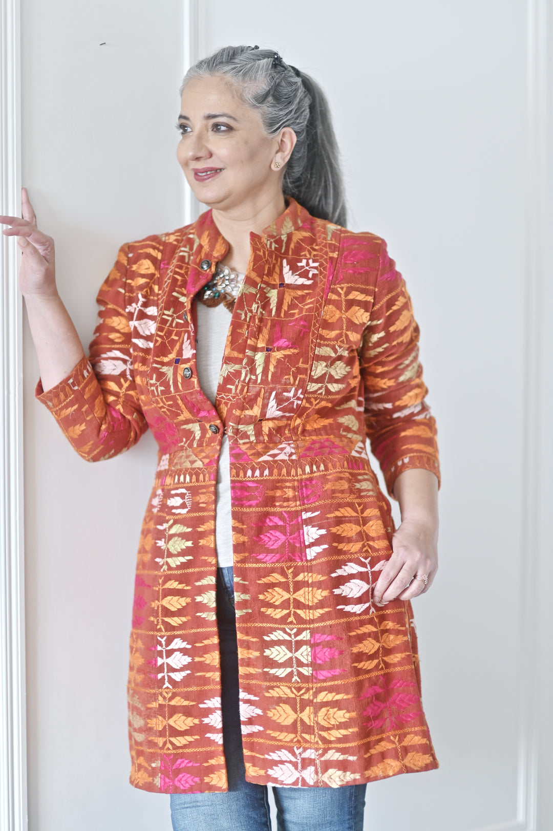 Simrat Size Medium/Large Long Jacket Made of Antique Phulkari Chaddar/ One of a Kind - kinchecom