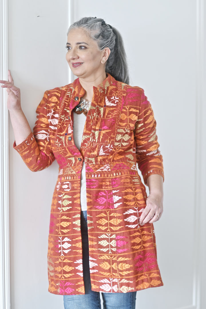 Simrat Size Medium/Large Long Jacket Made of Antique Phulkari Chaddar/ One of a Kind - kinchecom