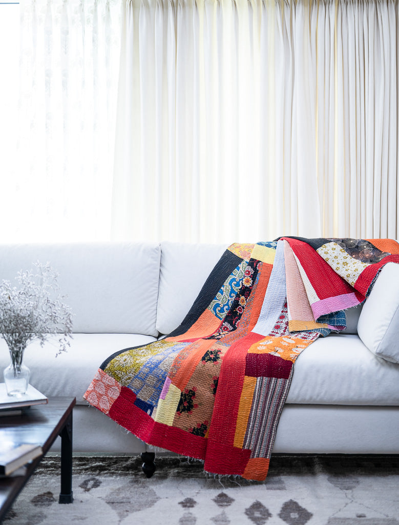 Ganga, Vintage Hand Embroidered Kantha Quilt - kinchecom