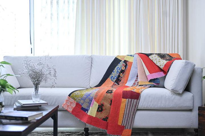 Ganga, Vintage Hand Embroidered Kantha Quilt - kinchecom