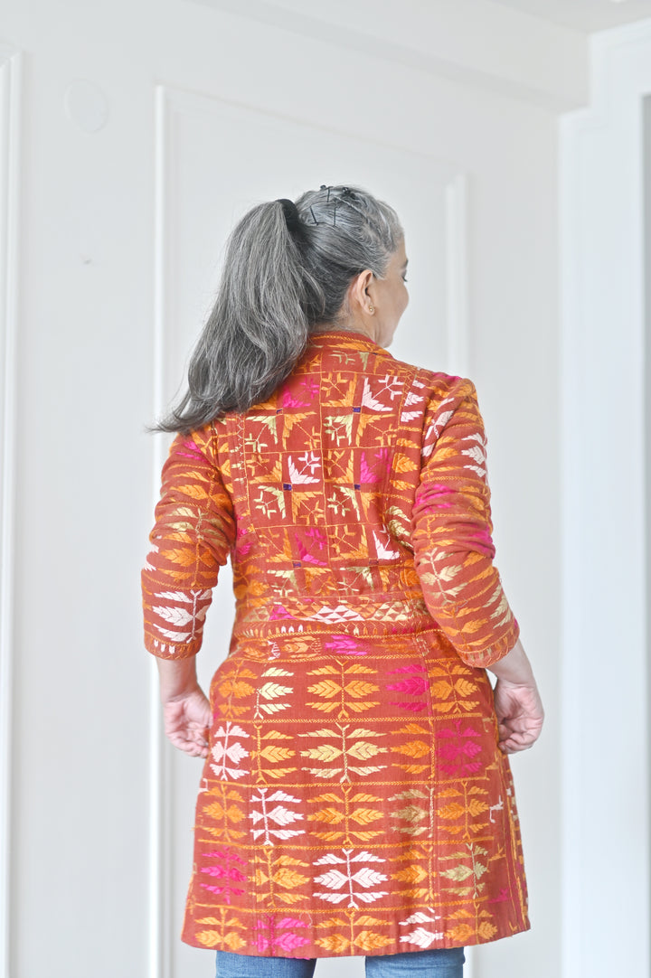 Simrat Size Medium/Large Long Jacket Made of Antique Phulkari Chaddar/ One of a Kind - kinchecom