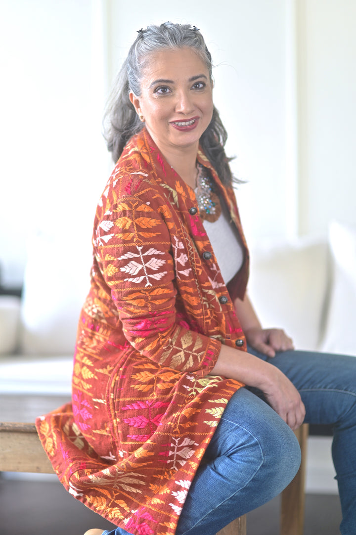 Simrat Size Medium/Large Long Jacket Made of Antique Phulkari Chaddar/ One of a Kind - kinchecom
