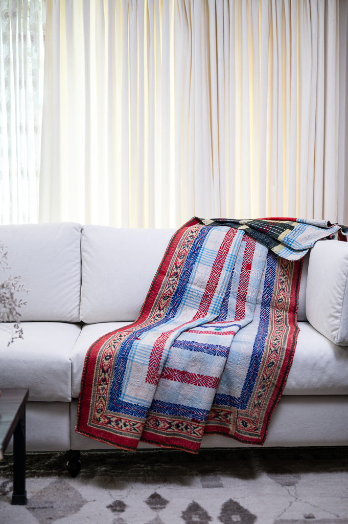 Bikaner, Vintage Hand Embroidered Kantha Quilt, Patchworked - kinchecom