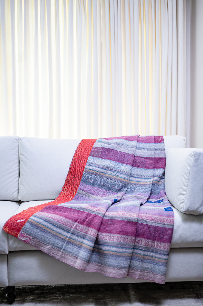 Purba, Vintage Hand Embroidered *Rare Kantha Quilt, Patchworked, Medium - kinchecom