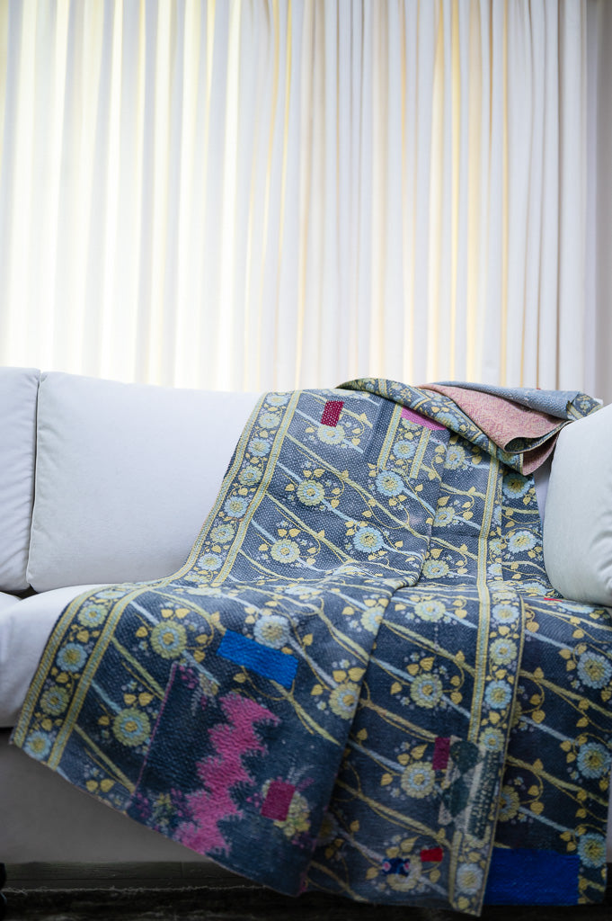 Jhalwar, Vintage Hand Embroidered Kantha Quilt, Patchworked, Medium - kinchecom