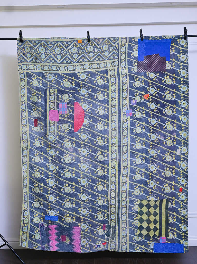 Jhalwar, Vintage Hand Embroidered Kantha Quilt, Patchworked, Medium - kinchecom