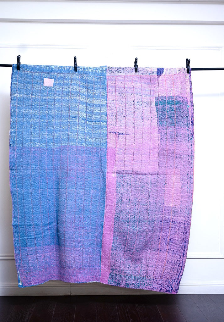 Purba, Vintage Hand Embroidered *Rare Kantha Quilt, Patchworked, Medium - kinchecom