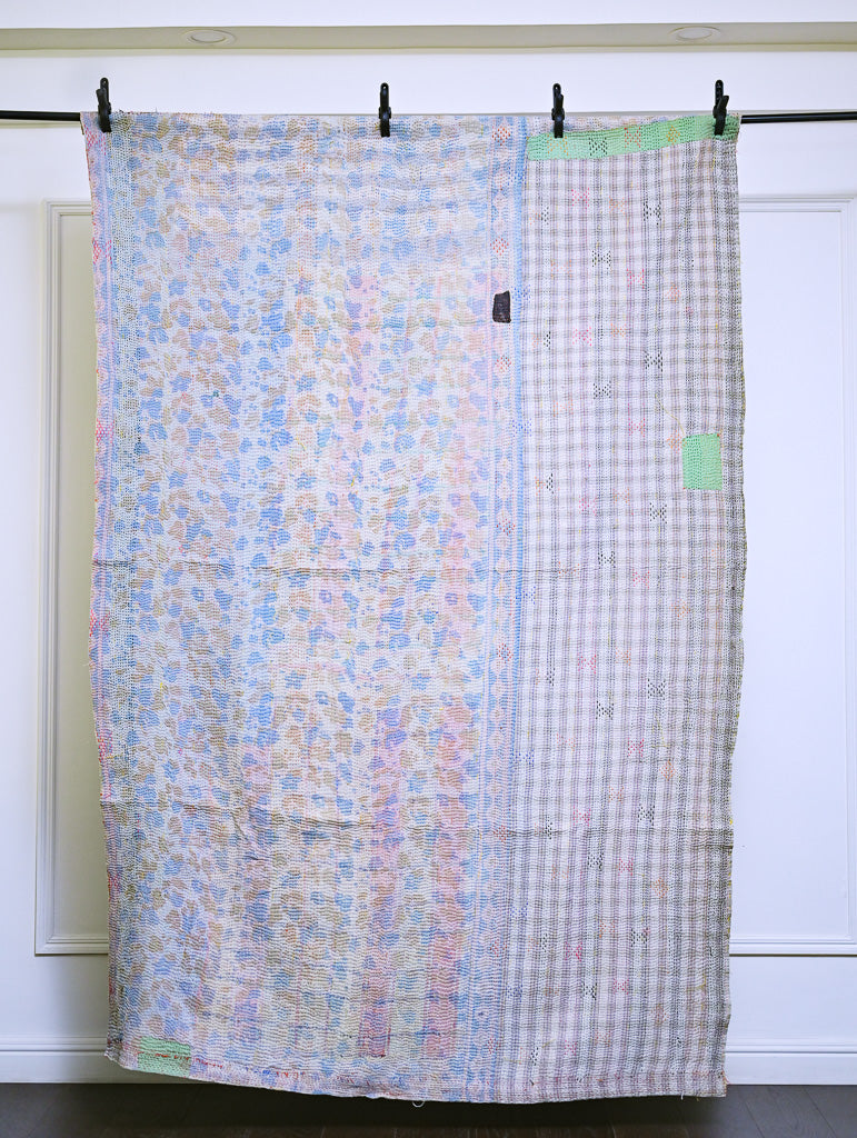 Sardoi, Vintage Hand Embroidered Kantha Quilt, Patchworked, Large - kinchecom