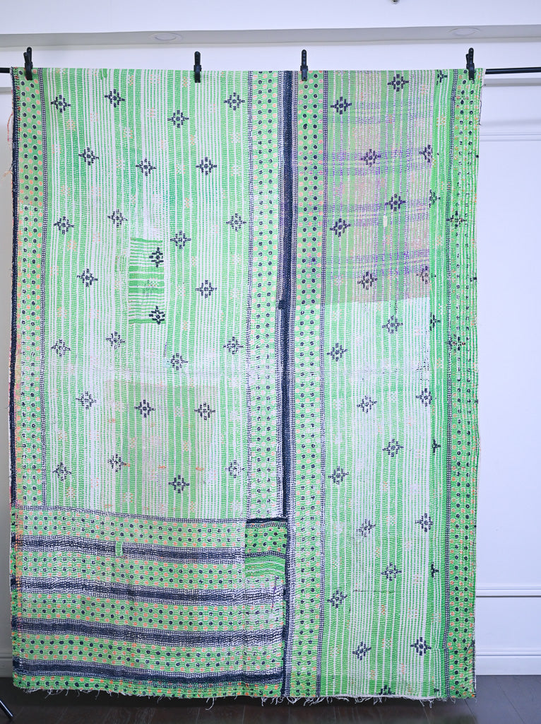 Sutlej, Vintage Hand Embroidered Kantha Quilt, Patchworked, Large - kinchecom