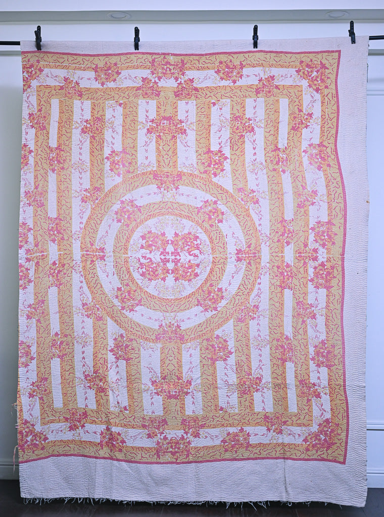 Sutlej, Vintage Hand Embroidered Kantha Quilt, Patchworked, Large - kinchecom