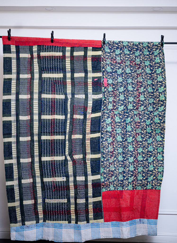 Bikaner, Vintage Hand Embroidered Kantha Quilt, Patchworked - kinchecom
