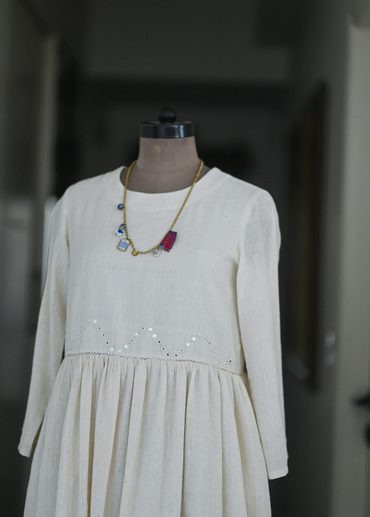 Boston, Off White Organic kala Cotton Dress with Hand Embroidered Mirror Work