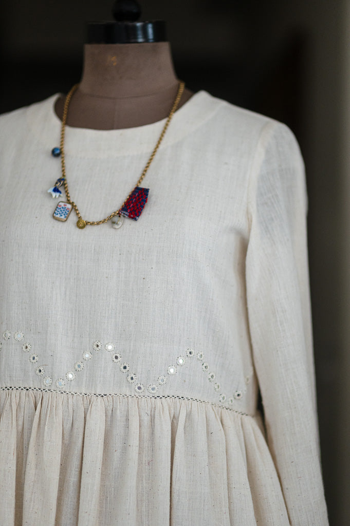 Boston, Off White Organic kala Cotton Dress with Hand Embroidered Mirror Work