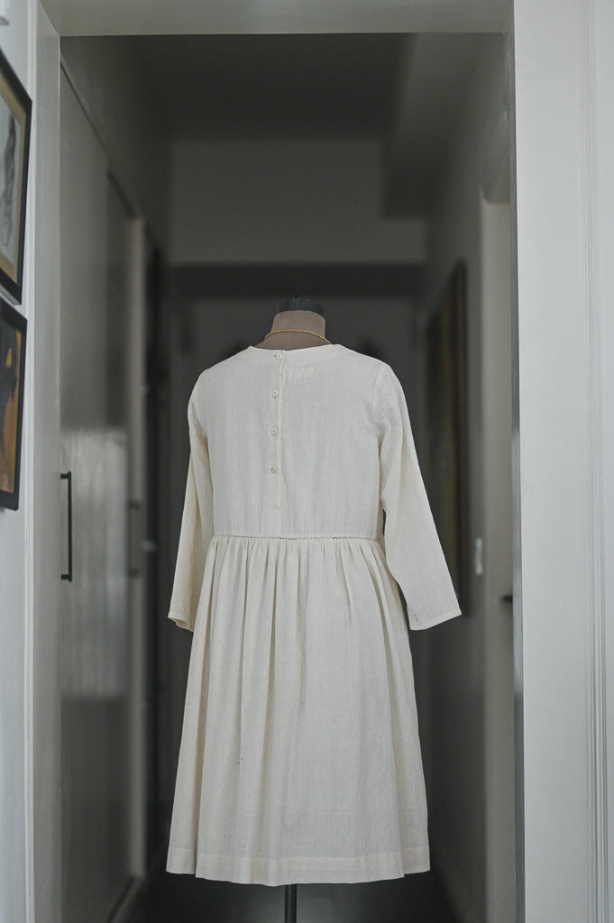 Boston, Off White Organic kala Cotton Dress with Hand Embroidered Mirror Work