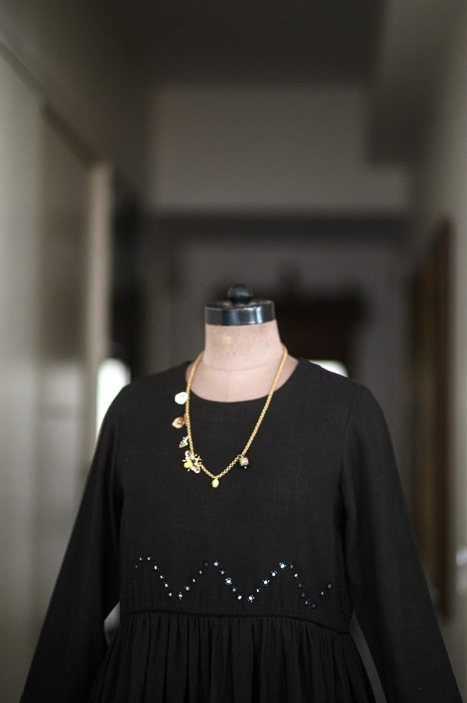 Boston Black, Organic kala Cotton Dress with Hand Embroidered Mirror Work