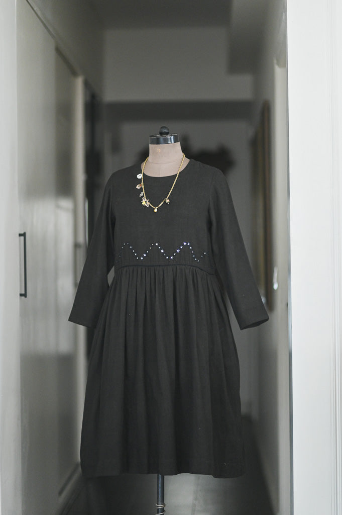 Boston Black, Organic kala Cotton Dress with Hand Embroidered Mirror Work