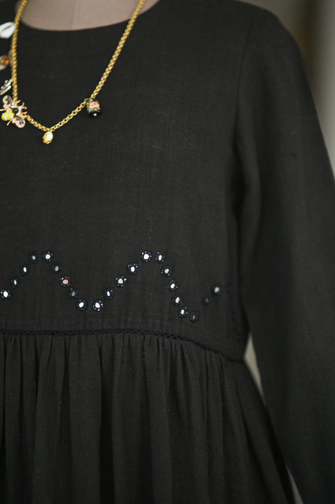 Boston Black, Organic kala Cotton Dress with Hand Embroidered Mirror Work - kinchecom