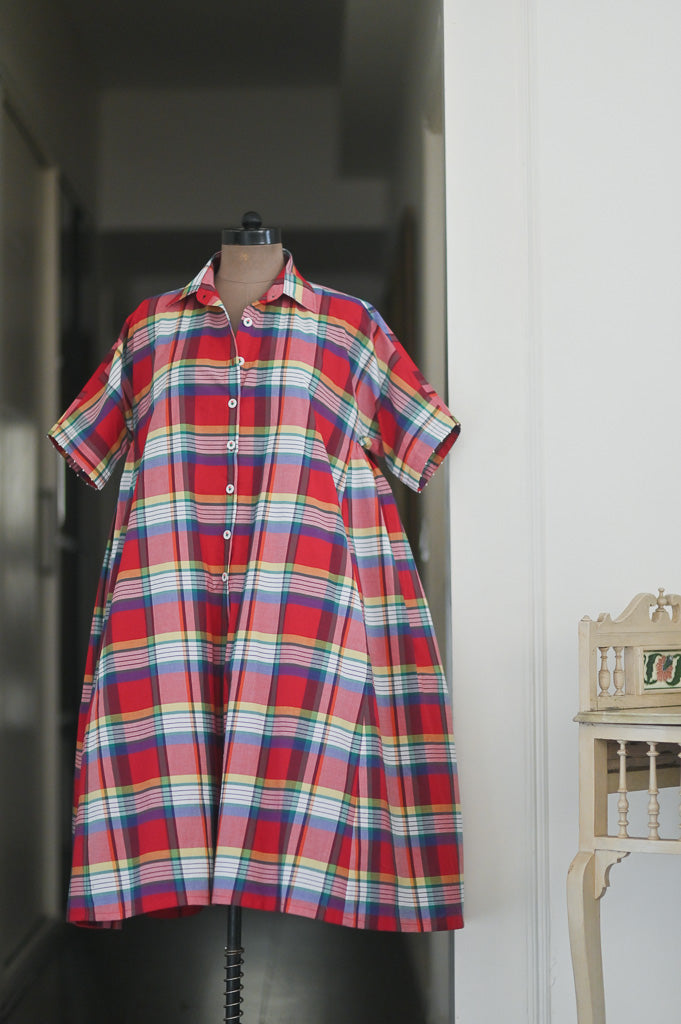 Mach, Madras Check Poplin Dress with Hand Embroidery