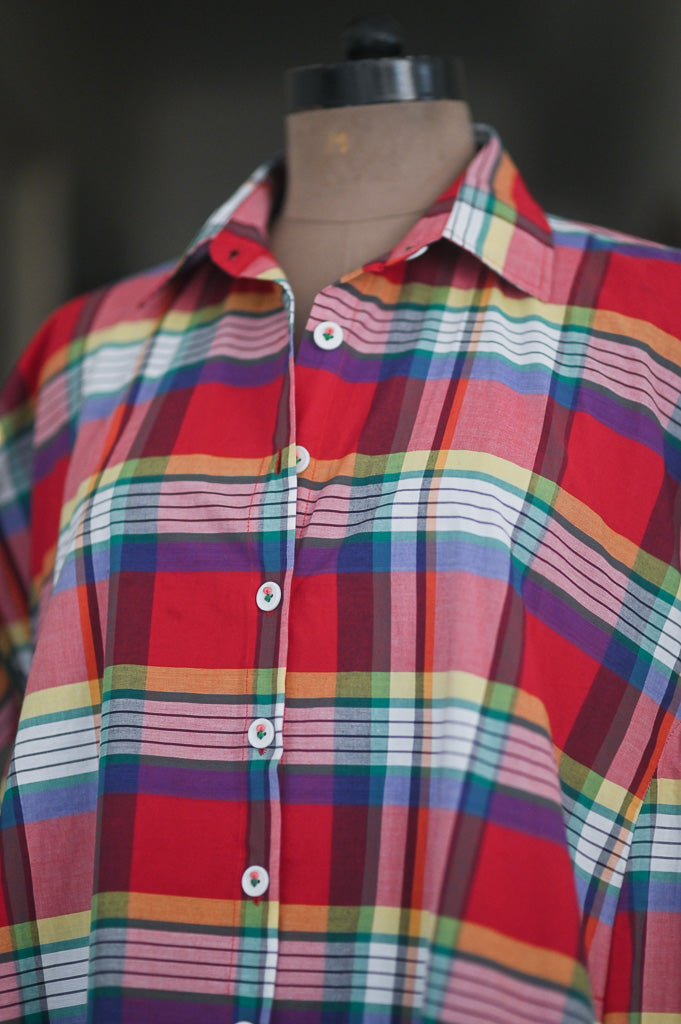 Mach, Madras Check Poplin Dress with Hand Embroidery