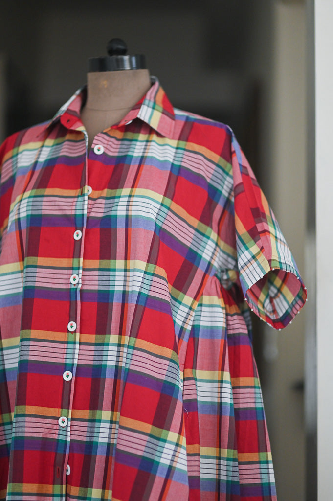 Mach, Madras Check Poplin Dress with Hand Embroidery