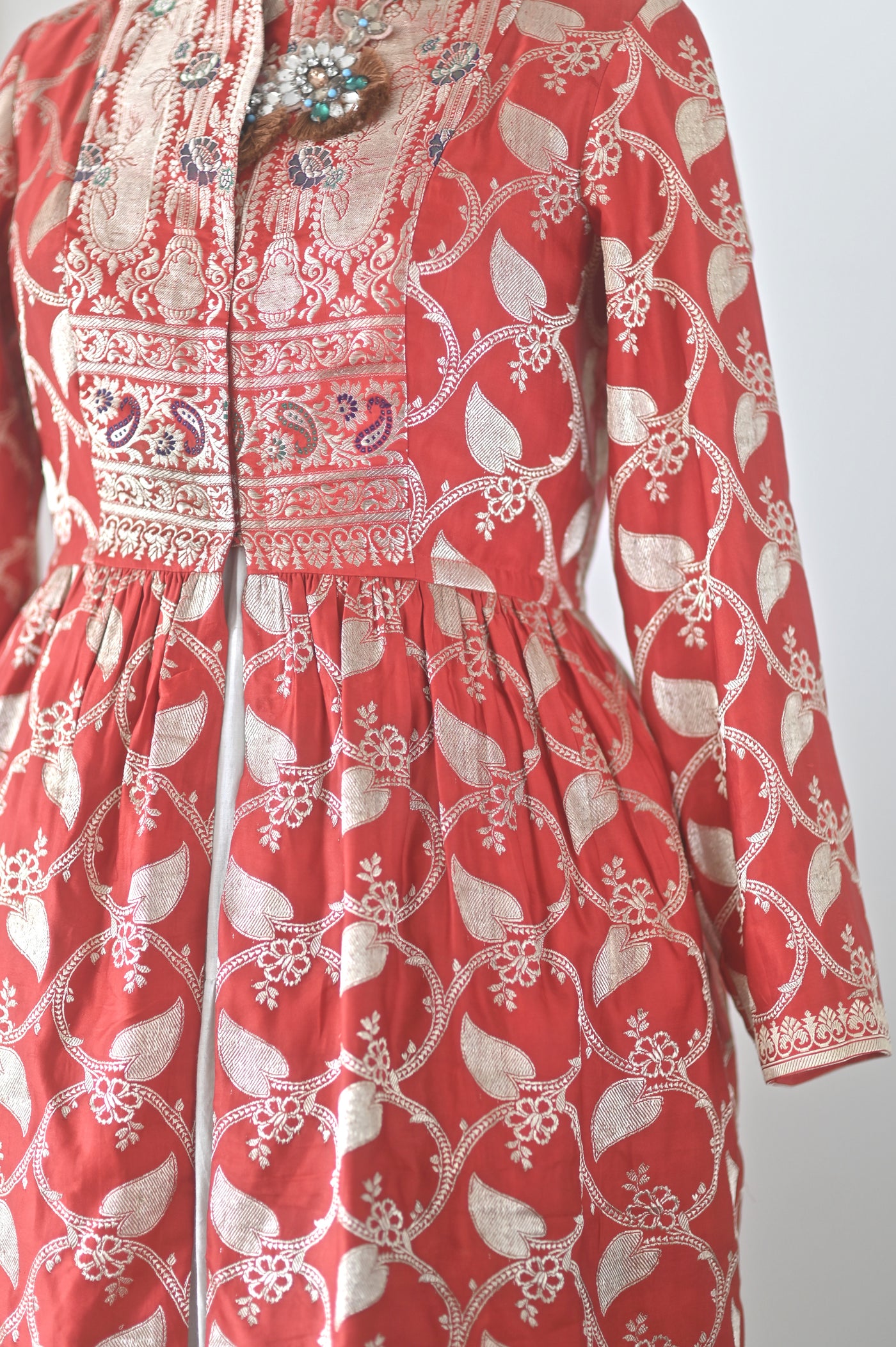 Zara, Antique Silk Zari and Deep Red Color Long Flared Coat