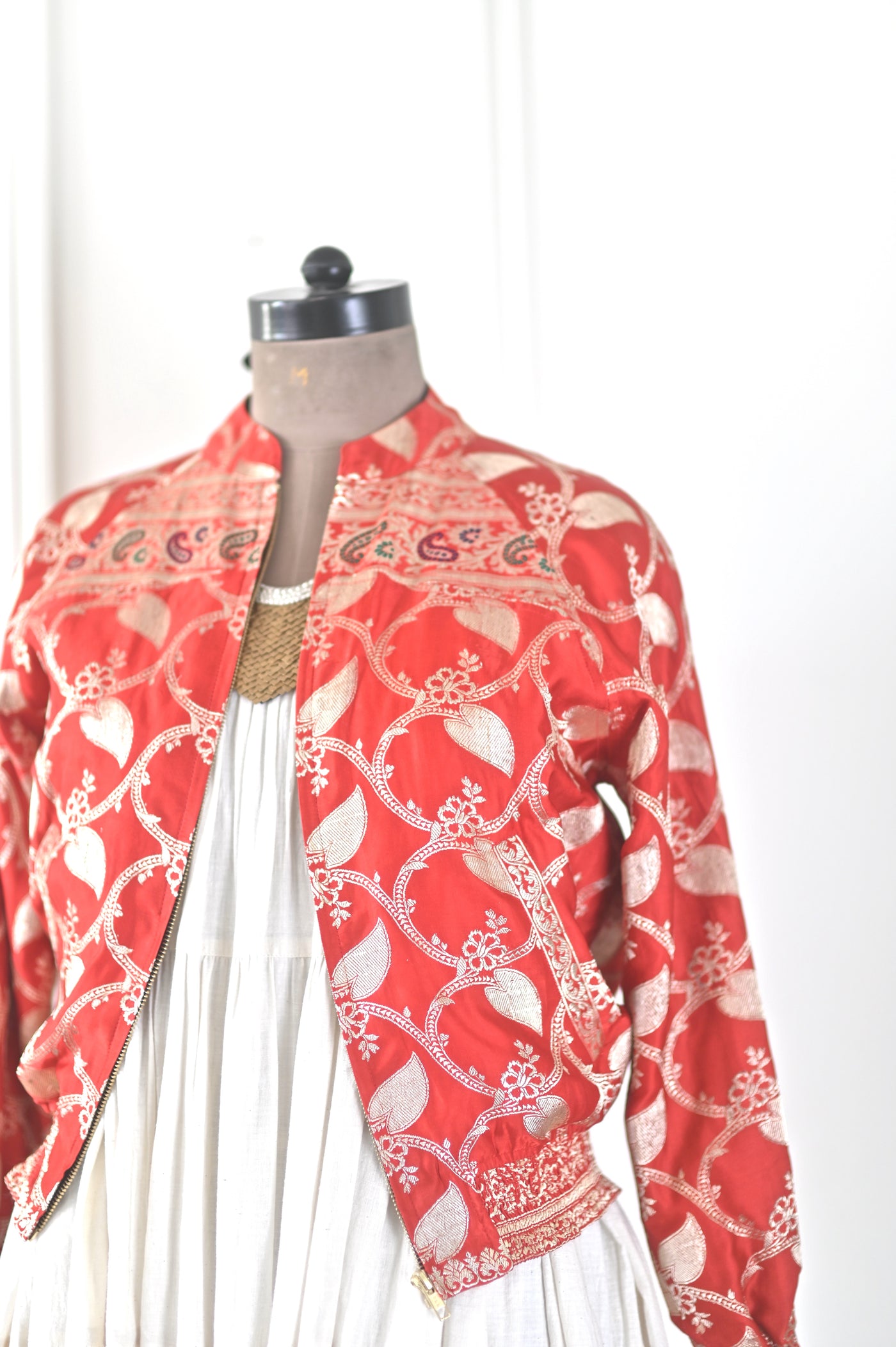 Zara, Antique Silk Zari and Deep Red Color Bomber Jacket in Size Medium