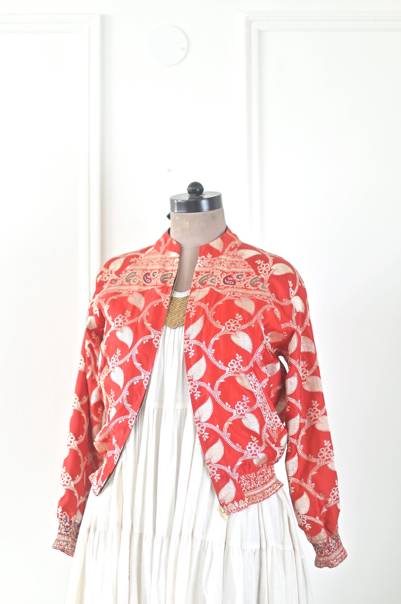 Zara, Antique Silk Zari and Deep Red Color Bomber Jacket in Size Medium
