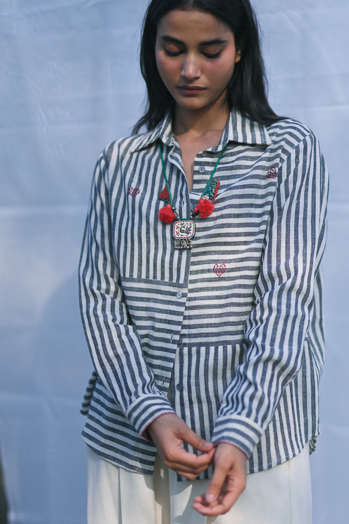Sydney, Hand Embroidered Kala Cotton Shirt in Black & Off White Stripes, Unisex - kinchecom