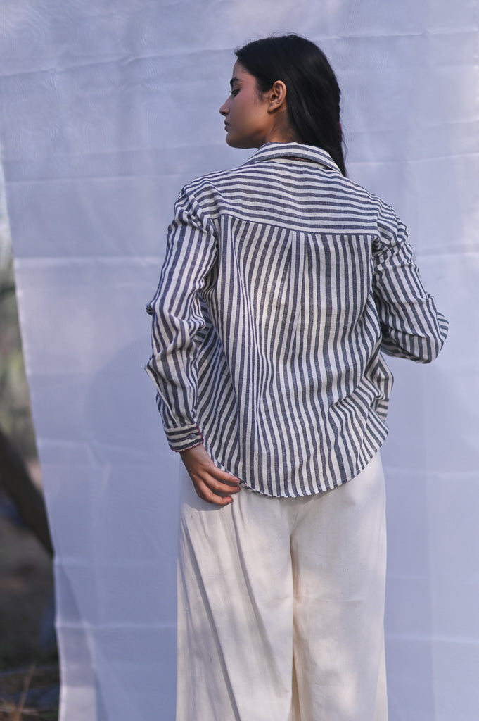 Sydney, Hand Embroidered Kala Cotton Shirt in Black & Off White Stripes, Unisex - kinchecom