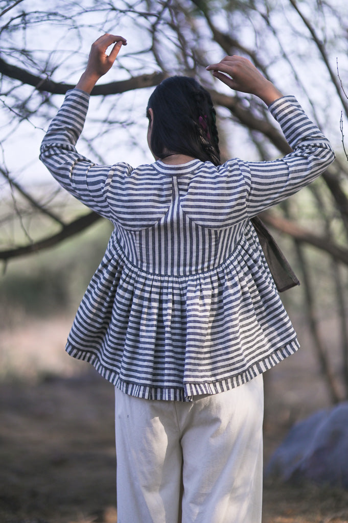 Melbourne, Charcoal Grey and Off White stripes, Kedia, with Hand Embroidery - kinchecom