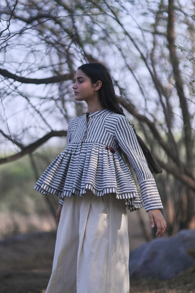 Melbourne, Charcoal Grey and Off White stripes, Kedia, with Hand Embroidery - kinchecom
