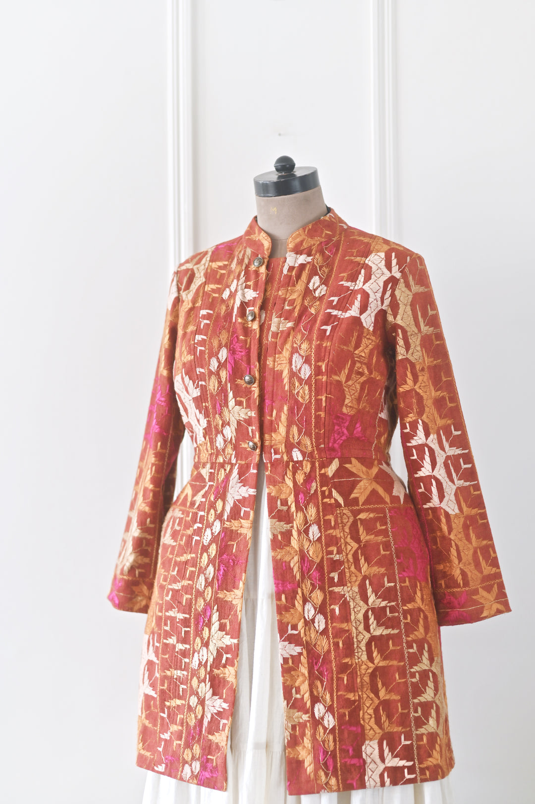 Ardas, Size large, Knee Length Jacket Made of Antique Phulkari Chaddar/ One of a Kind - kinchecom