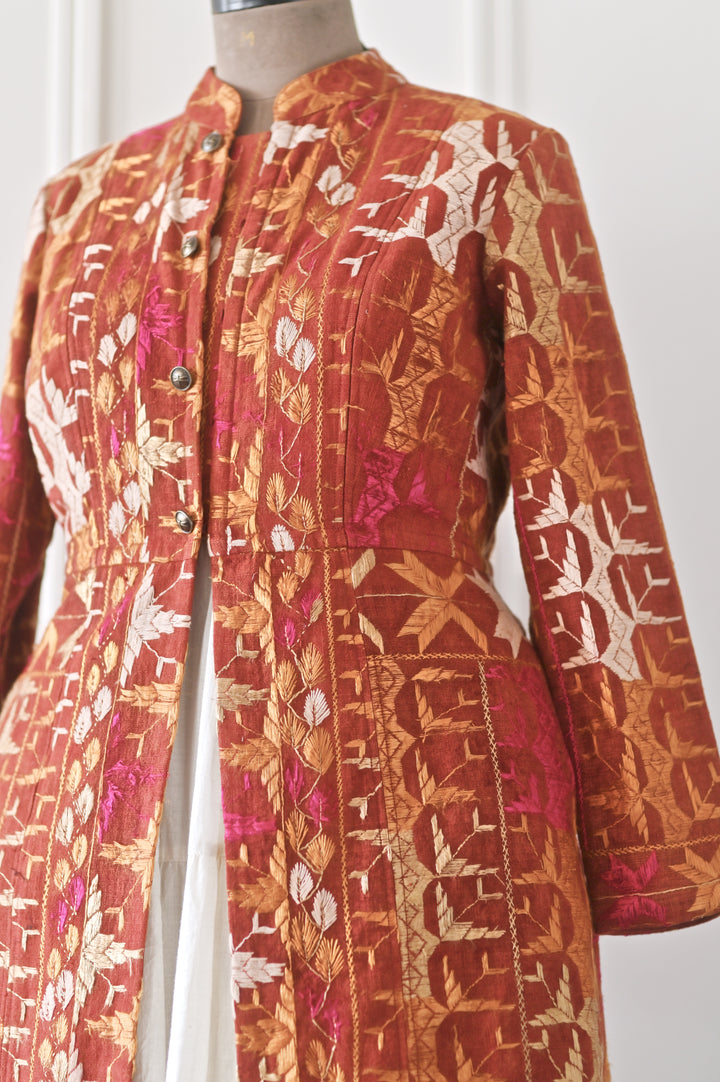 Ardas, Size large, Knee Length Jacket Made of Antique Phulkari Chaddar/ One of a Kind - kinchecom