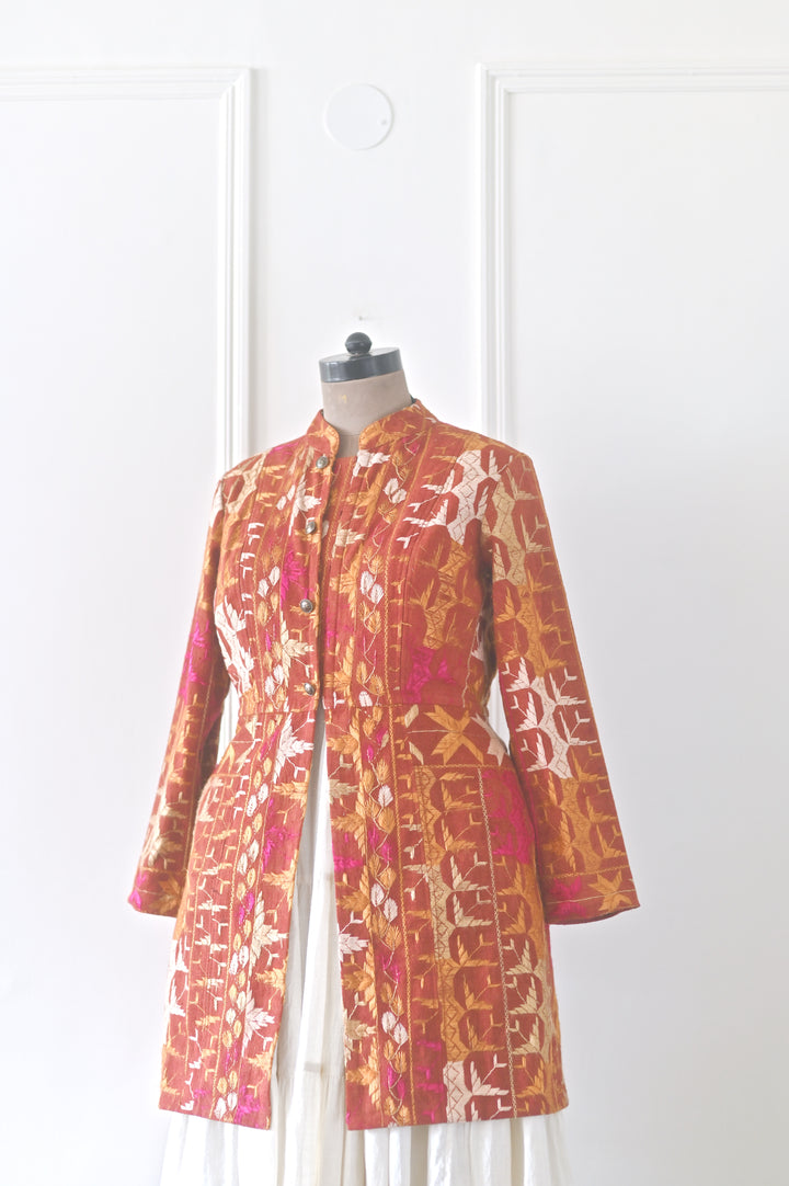 Ardas, Size large, Knee Length Jacket Made of Antique Phulkari Chaddar/ One of a Kind - kinchecom