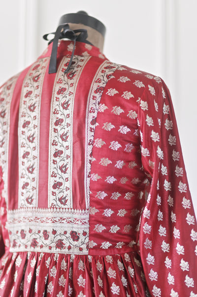 Meera, Handmade Vintage Zari Silk Long Coat in Deep Red, Medium