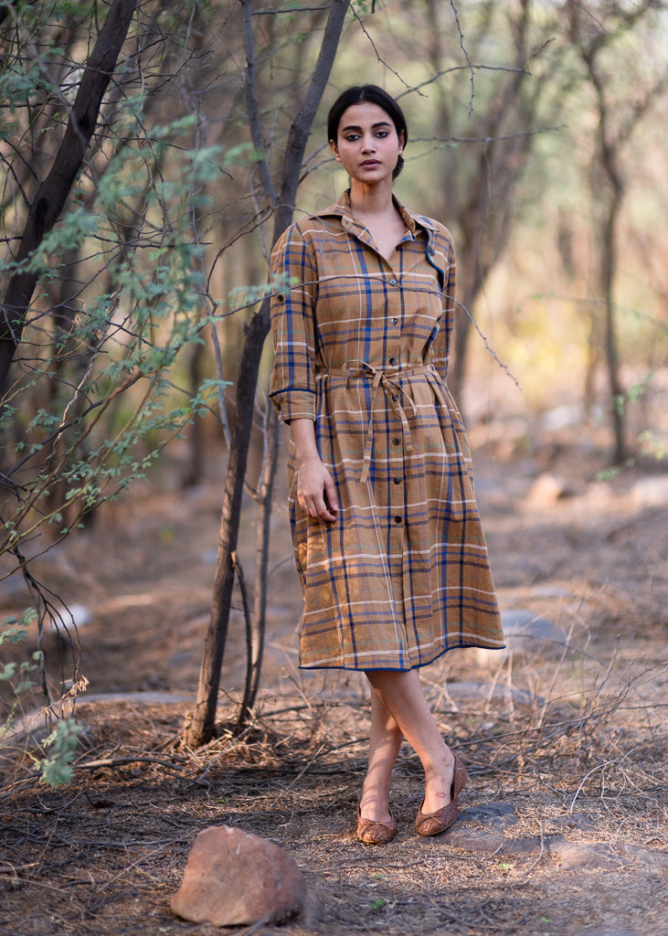 Brooklyn, Hand Woven Cotton Madras Check Trench Shirt Dress - kinchecom