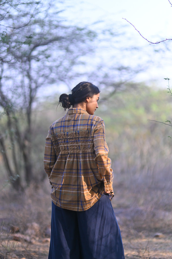 Brooklyn, Hand Woven Cotton Madras Check Blouse with Hand Smocking - kinchecom