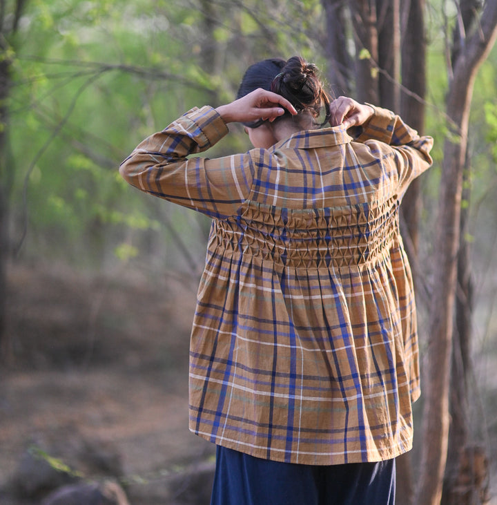 Brooklyn, Hand Woven Cotton Madras Check Blouse with Hand Smocking - kinchecom