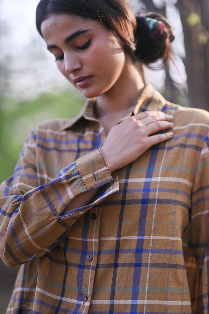 Brooklyn, Hand Woven Cotton Madras Check Blouse with Hand Smocking - kinchecom