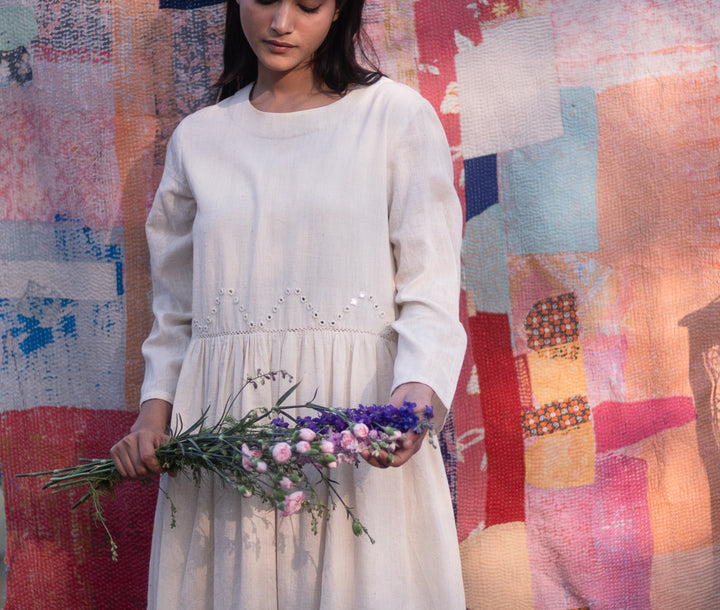 Boston, Off White Organic kala Cotton Dress with Hand Embroidered Mirror Work - kinchecom