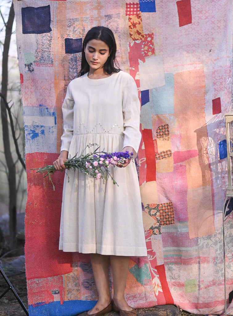 Boston, Off White Organic kala Cotton Dress with Hand Embroidered Mirror Work - kinchecom