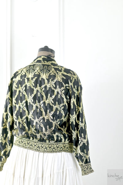 M/L  Kesar, Vintage Zari Silk Saree Bomber Jacket, Rare Weave, One of a Kind