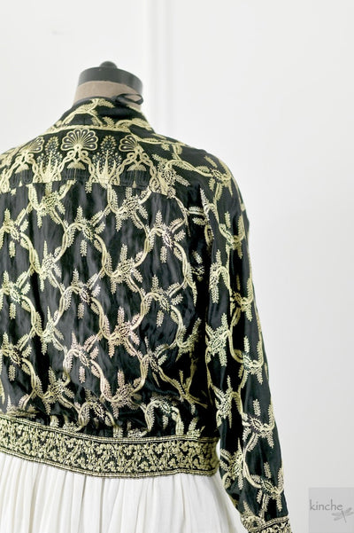 M/L  Kesar, Vintage Zari Silk Saree Bomber Jacket, Rare Weave, One of a Kind