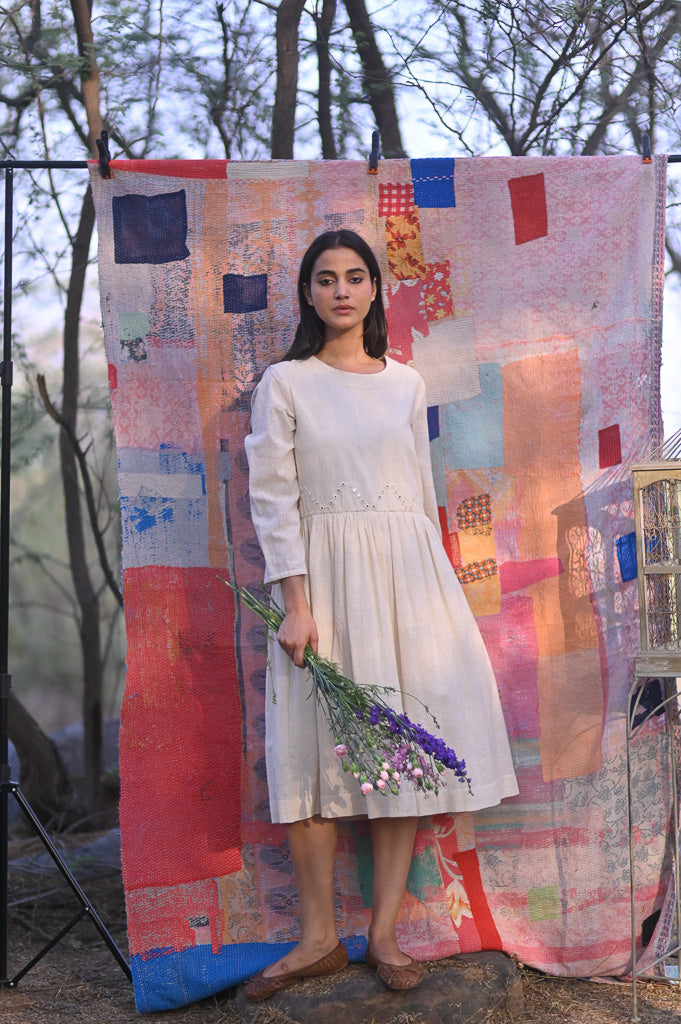Boston, Off White Organic kala Cotton Dress with Hand Embroidered Mirror Work - kinchecom