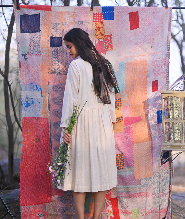 Boston, Off White Organic kala Cotton Dress with Hand Embroidered Mirror Work - kinchecom
