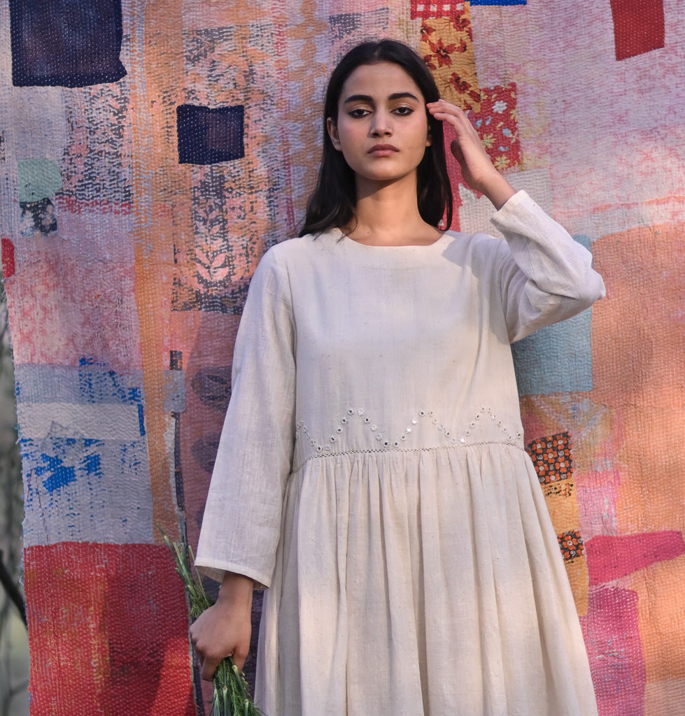 Boston, Off White Organic kala Cotton Dress with Hand Embroidered Mirror Work - kinchecom