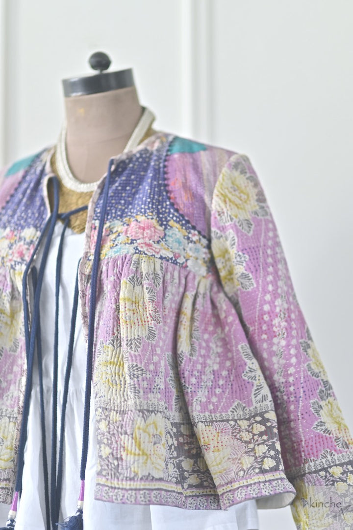 Small, Agra, Hand Crafted & Hand Embroidered Kantha Kediya Jacket in Purple - kinchecom