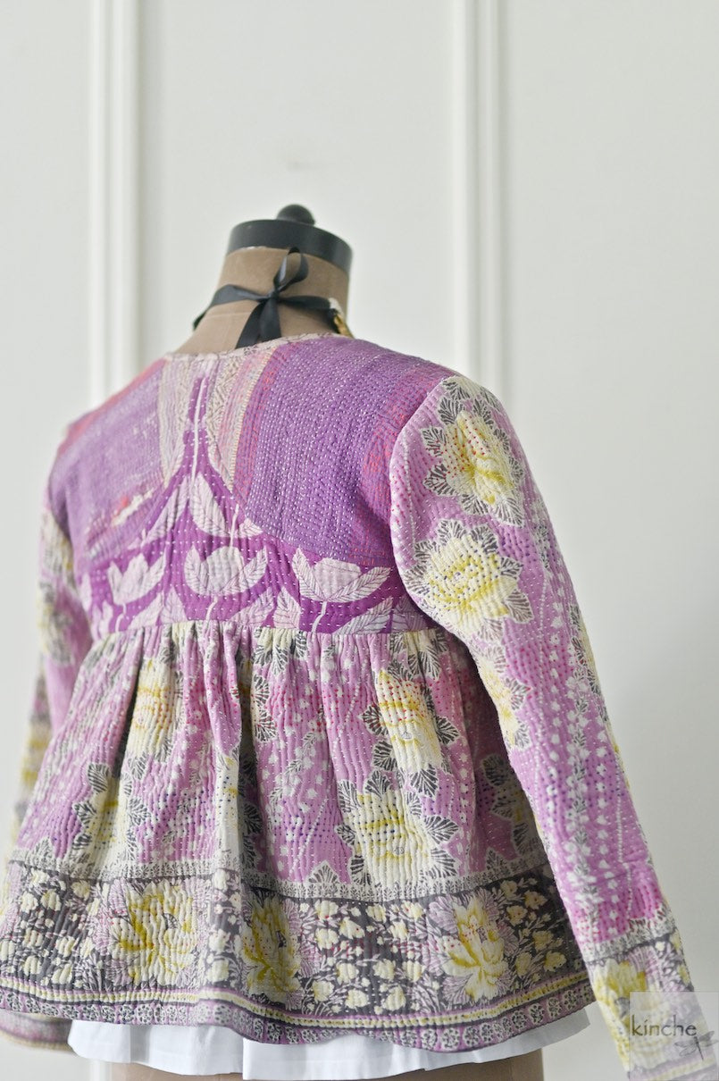 Small, Agra, Hand Crafted & Hand Embroidered Kantha Kediya Jacket in Purple - kinchecom