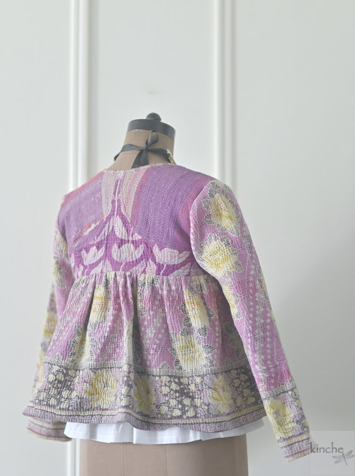 Small, Agra, Hand Crafted & Hand Embroidered Kantha Kediya Jacket in Purple - kinchecom